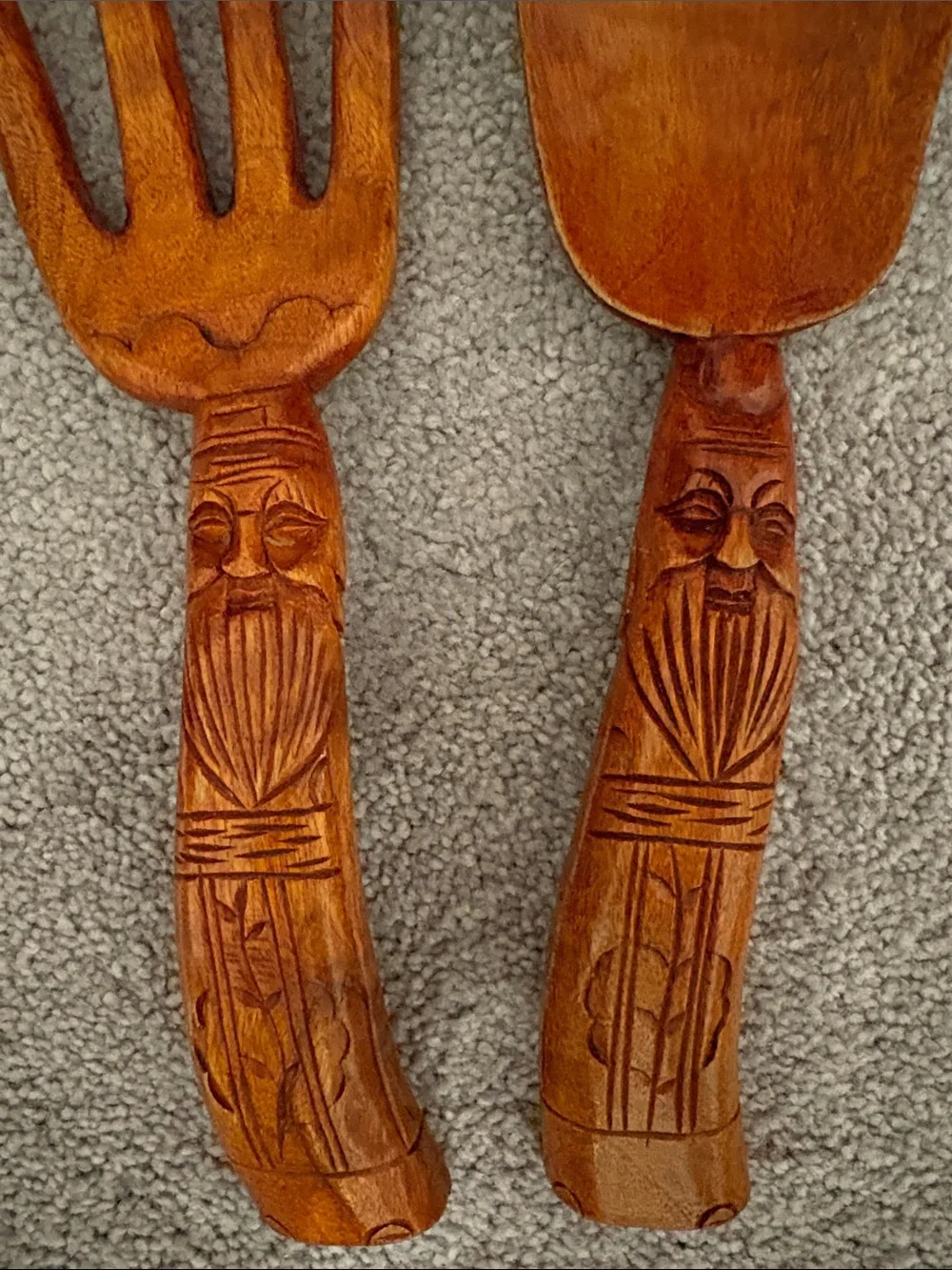 Hand-Carved Brown Wooden Salad Serving Set - Rustic Home Dining